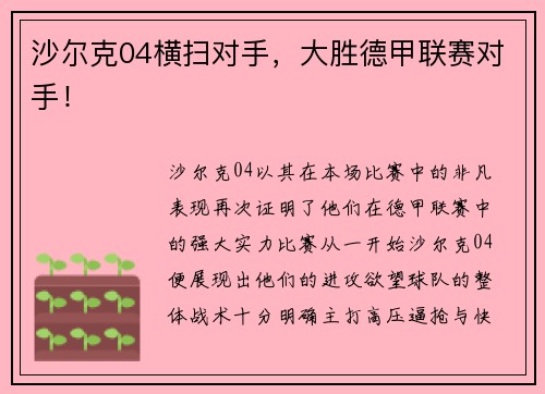 沙尔克04横扫对手，大胜德甲联赛对手！