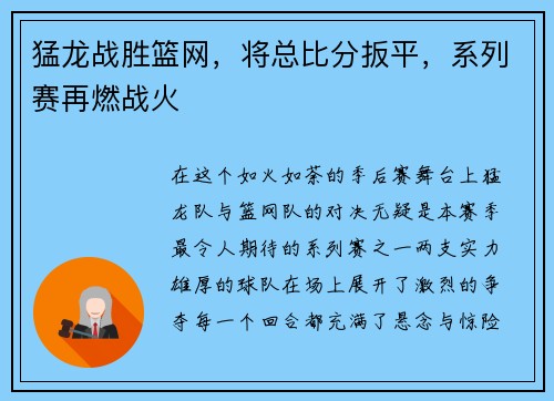 猛龙战胜篮网，将总比分扳平，系列赛再燃战火
