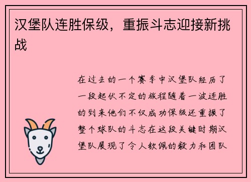 汉堡队连胜保级，重振斗志迎接新挑战